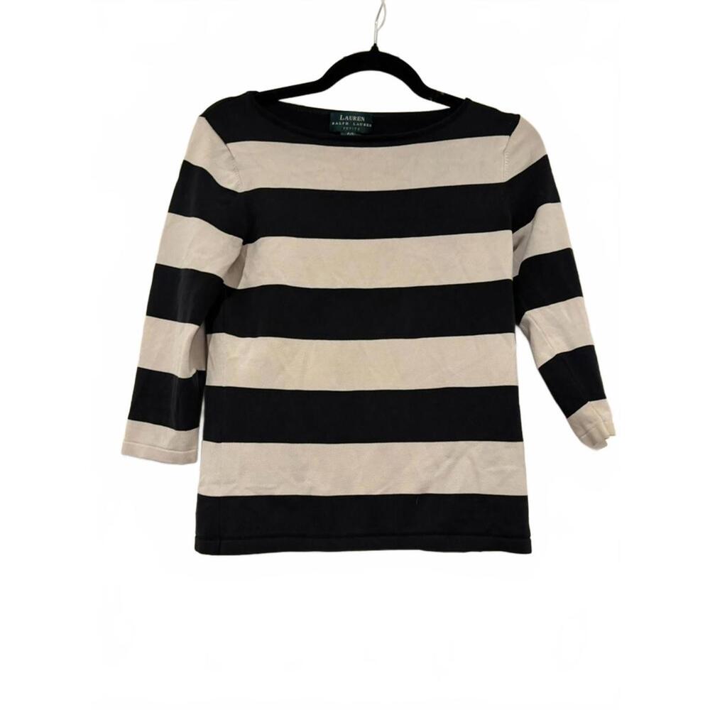 Women's sz petite S Lauren Ralph Lauren nautical black/white stripes silk#1110